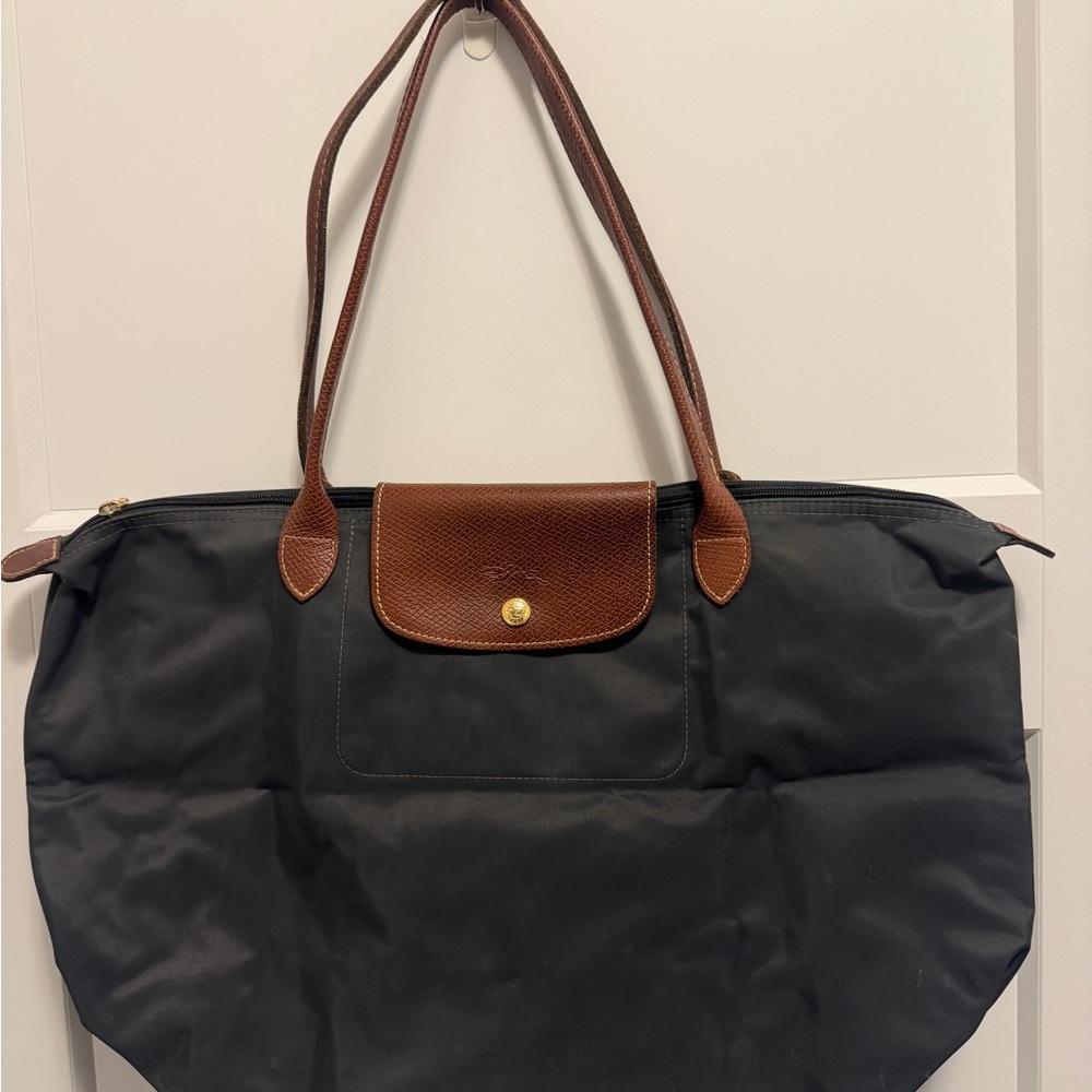 Longchamp Le Pliage Grey Tote with Brown Leather Trim
